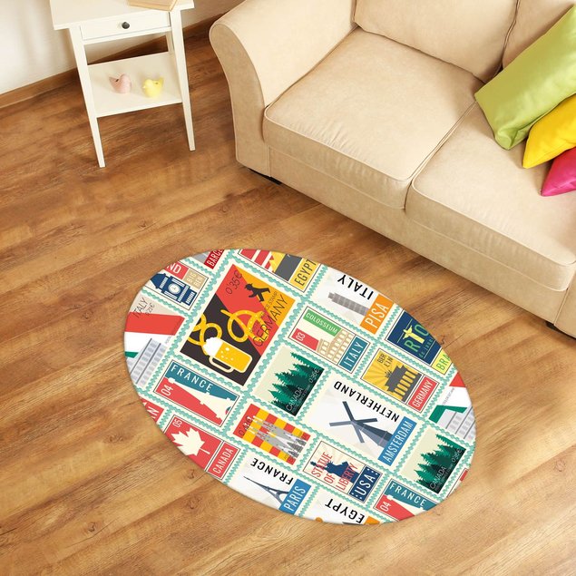 tapete oval decorativo selos paises colorido tpov0032 2